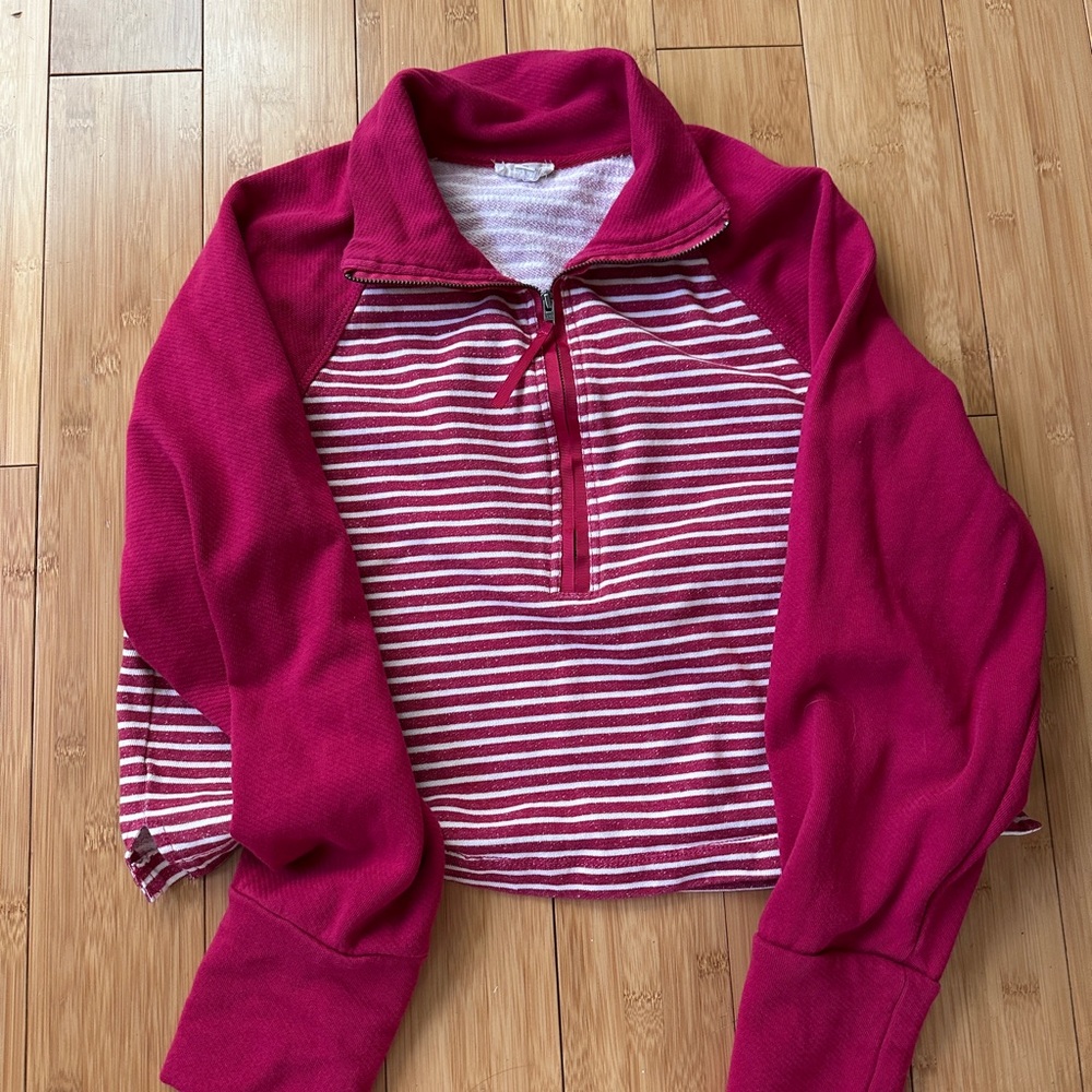 Pilcro Fuchsia and White Striped Half-Zip Sweatshirt